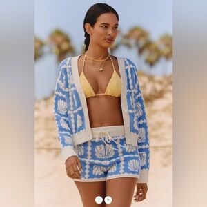 Anthropologie Blue and Cream Seashell Knit Cardigan